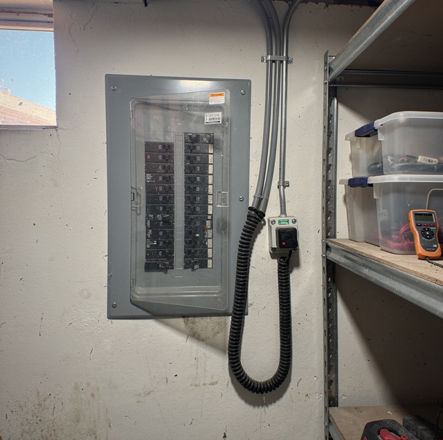 Electrical panel with circuit breakers mounted on wall next to shelving with storage containers and a multimeter.