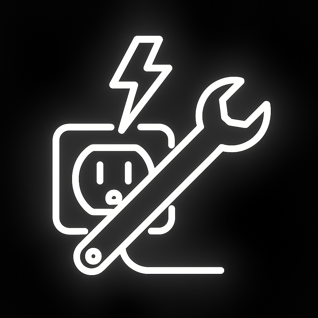 Neon sign of an electrical outlet, a wrench, a wrench with a screwdriver handle, and a lightning bolt.