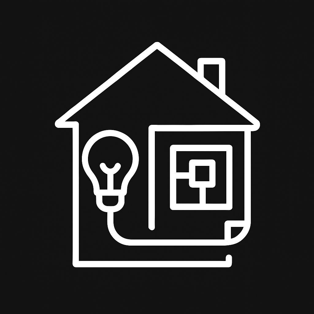White line drawing of a house with a lightbulb connected to the inside, depicted on a black background.