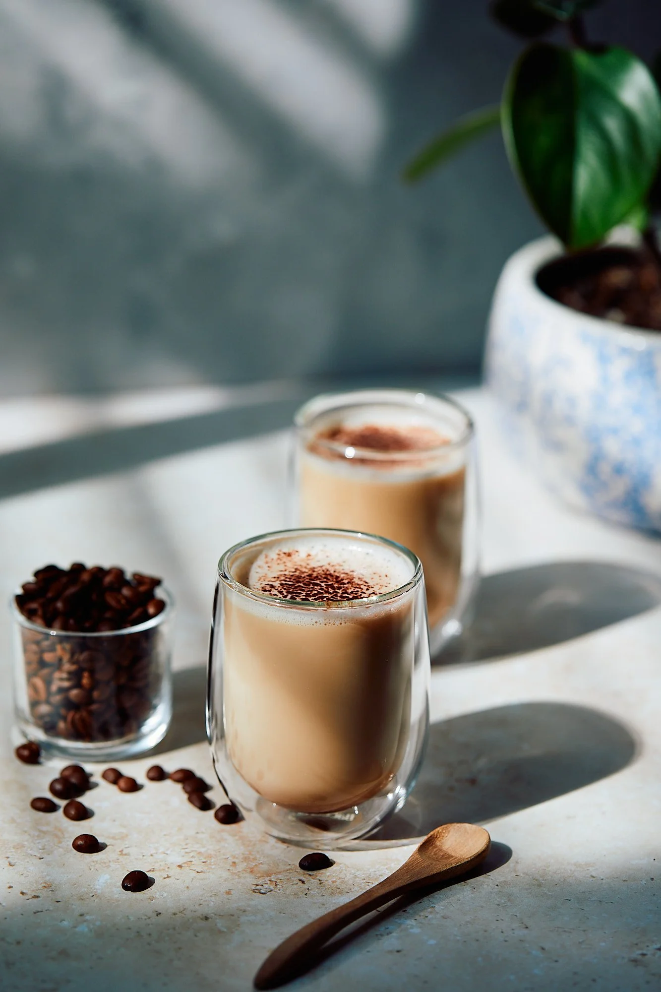 Two glasses of iced coffee topped with cocoa powder, a small bowl of coffee beans, and a wooden spoon on a white surface with a potted plant in the background. Cafe photography, coffee photography, Sydney brand photographer. 