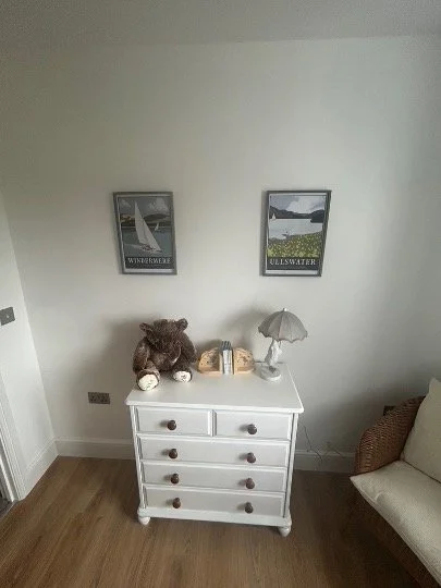 PICTURES HUNG AND CHEST OF DRAWERS PAINTED