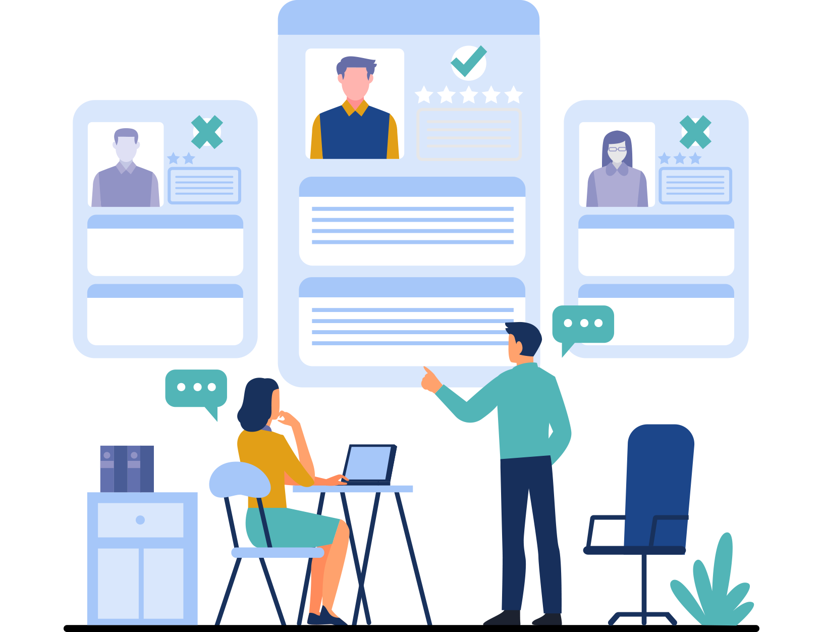 People discussing job applications or resumes in an office, with large screen displaying profiles, ratings, and review comments of candidates.