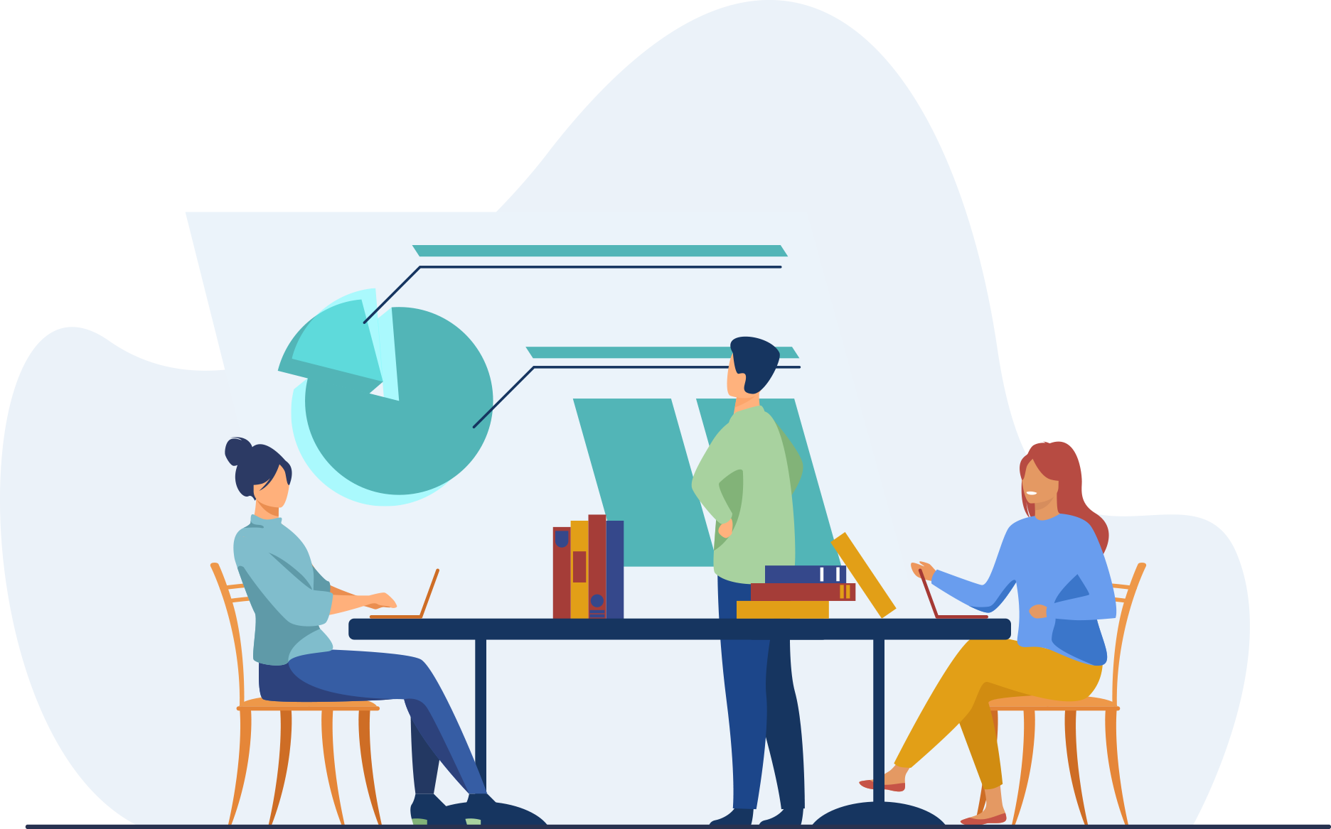 People in a meeting room with charts and laptops, discussing data and analytics.