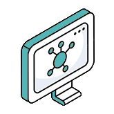 Illustration of a computer monitor displaying a molecular diagram with interconnected circles.