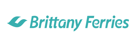 Brittany Ferries logo in teal with stylized ship icon.