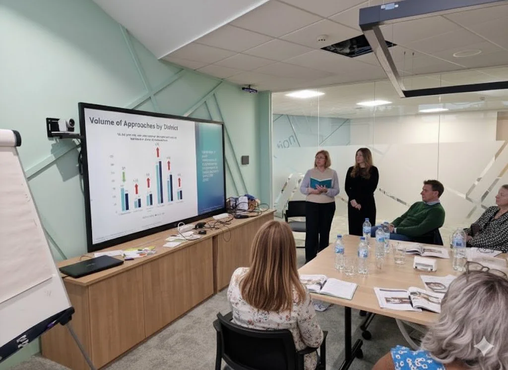 Business meeting in a conference room with six people, two women standing near a large screen displaying a bar graph titled 'Volume of Approaches by District,' and four people seated around tables with notebooks and water bottles.