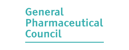 Logo of the General Pharmaceutical Council with blue text on a black background.