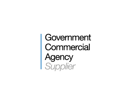 Logo with vertical blue line, black text reading 'Crown Commercial Service' and gray text 'Supplier'.