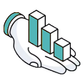 A hand holding a bar chart with three ascending bars in shades of blue.