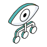 Cartoon robot with a round body, three legs, and a single eye