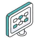 Computer monitor displaying a flowchart with connected blocks and arrows.