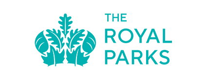 Logo of The Royal Parks featuring a stylized crown and leafy design in blue with black background.