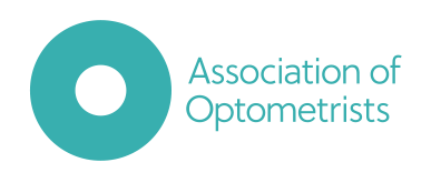 Logo of the Association of Optometrists featuring a teal circle with a black center and text beside it.