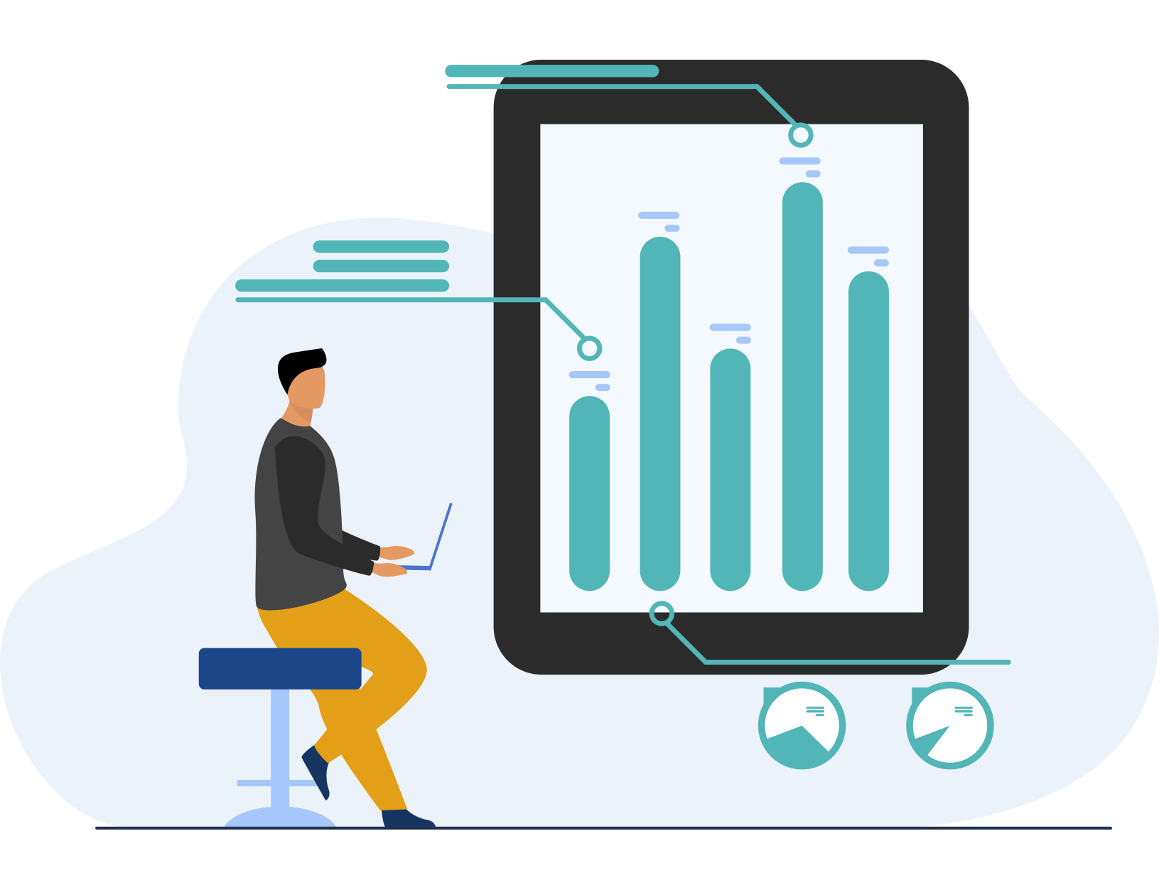 Person sitting on a stool using a laptop, analyzing data on a large tablet screen displaying bar charts and pie charts.