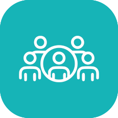 Icon of a group of four people with a chat bubble in the center on a teal background.