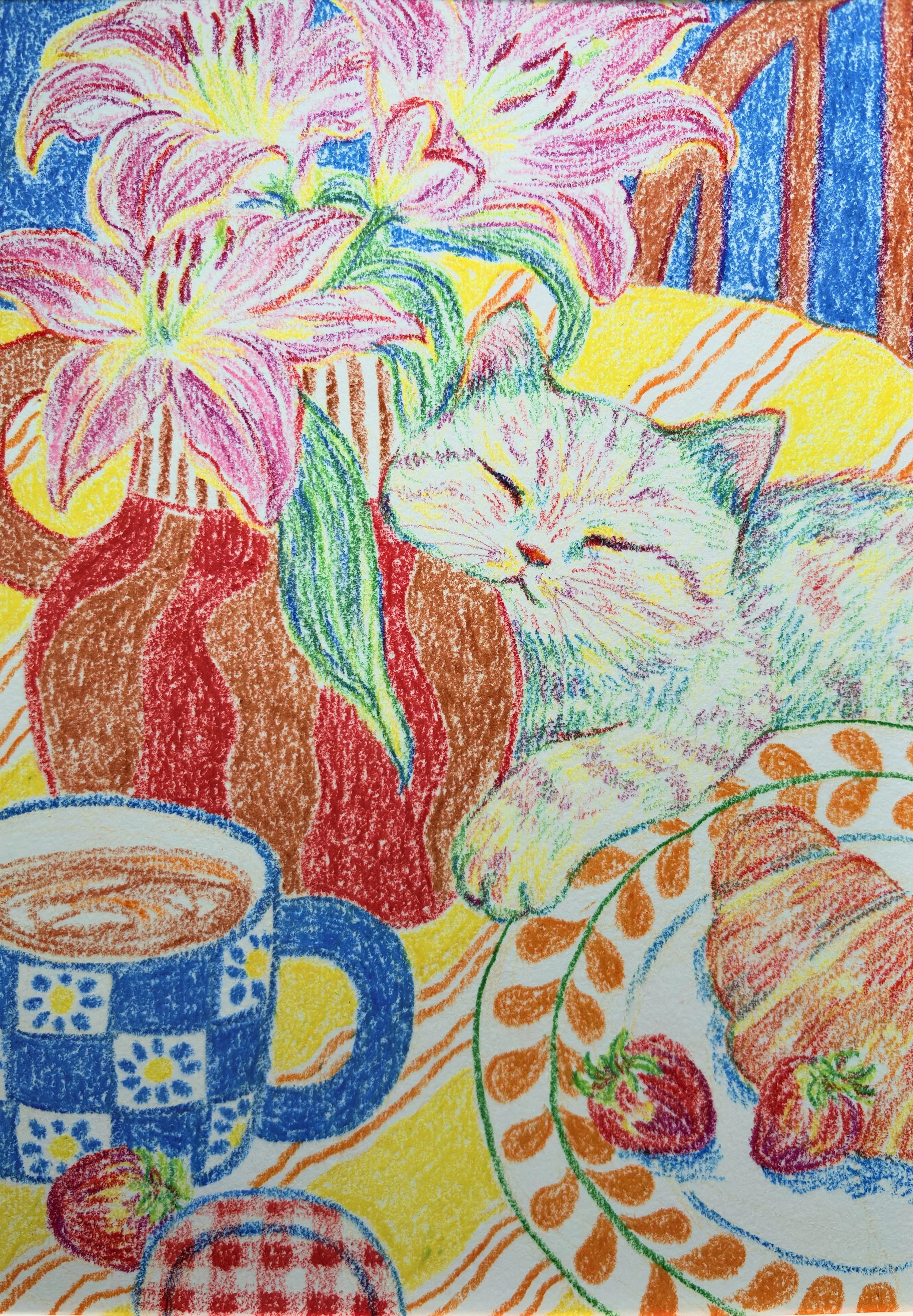 A colorful drawing of a cat sleeping next to a potted lily flower on a table with a cup of coffee and strawberries, using vibrant crayons.