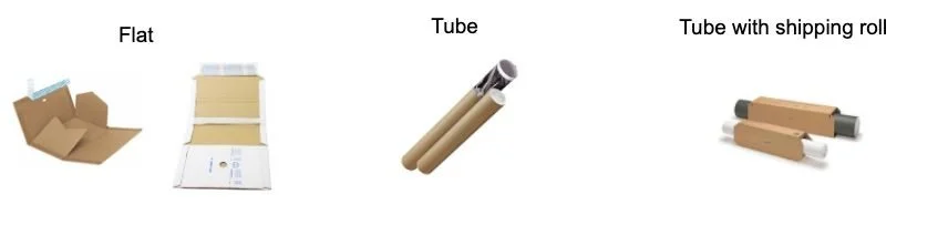 Different types of packaging materials including a flat cardboard box, a flat sheet, a cardboard tube, and a tube with a shipping roll.