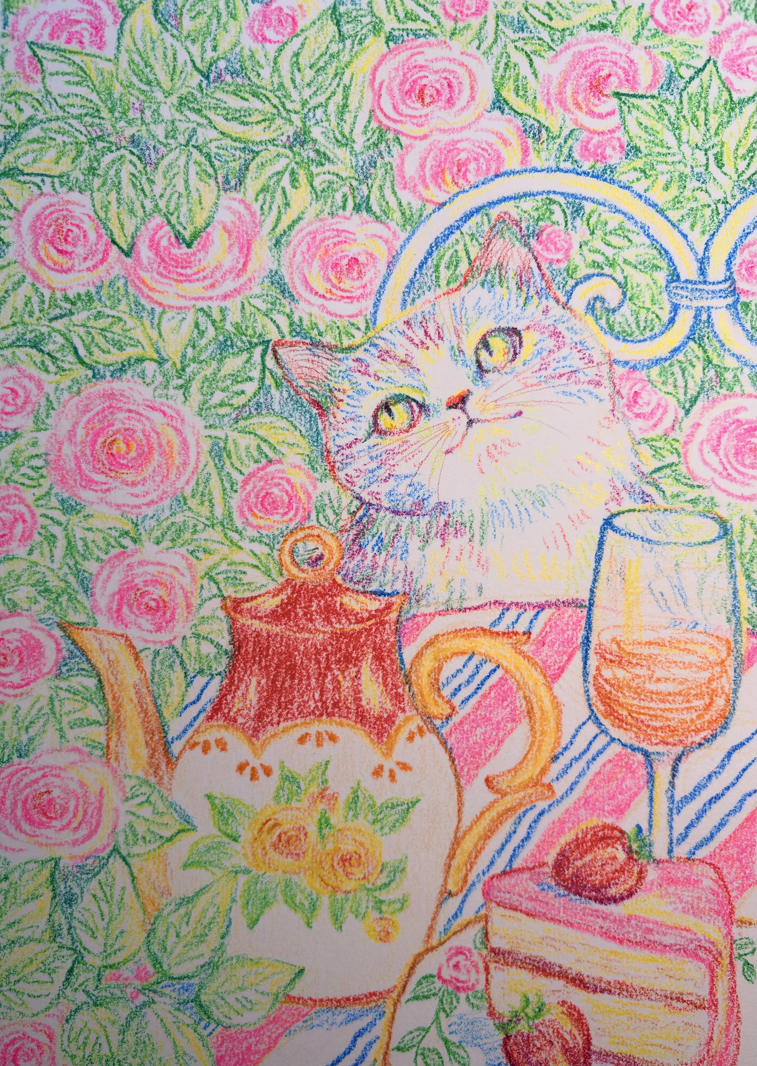 Colorful crayon drawing of a cat surrounded by pink roses, a decorative vase with flowers, a glass of orange beverage, a piece of strawberry cake, and a blue and white striped tablecloth.