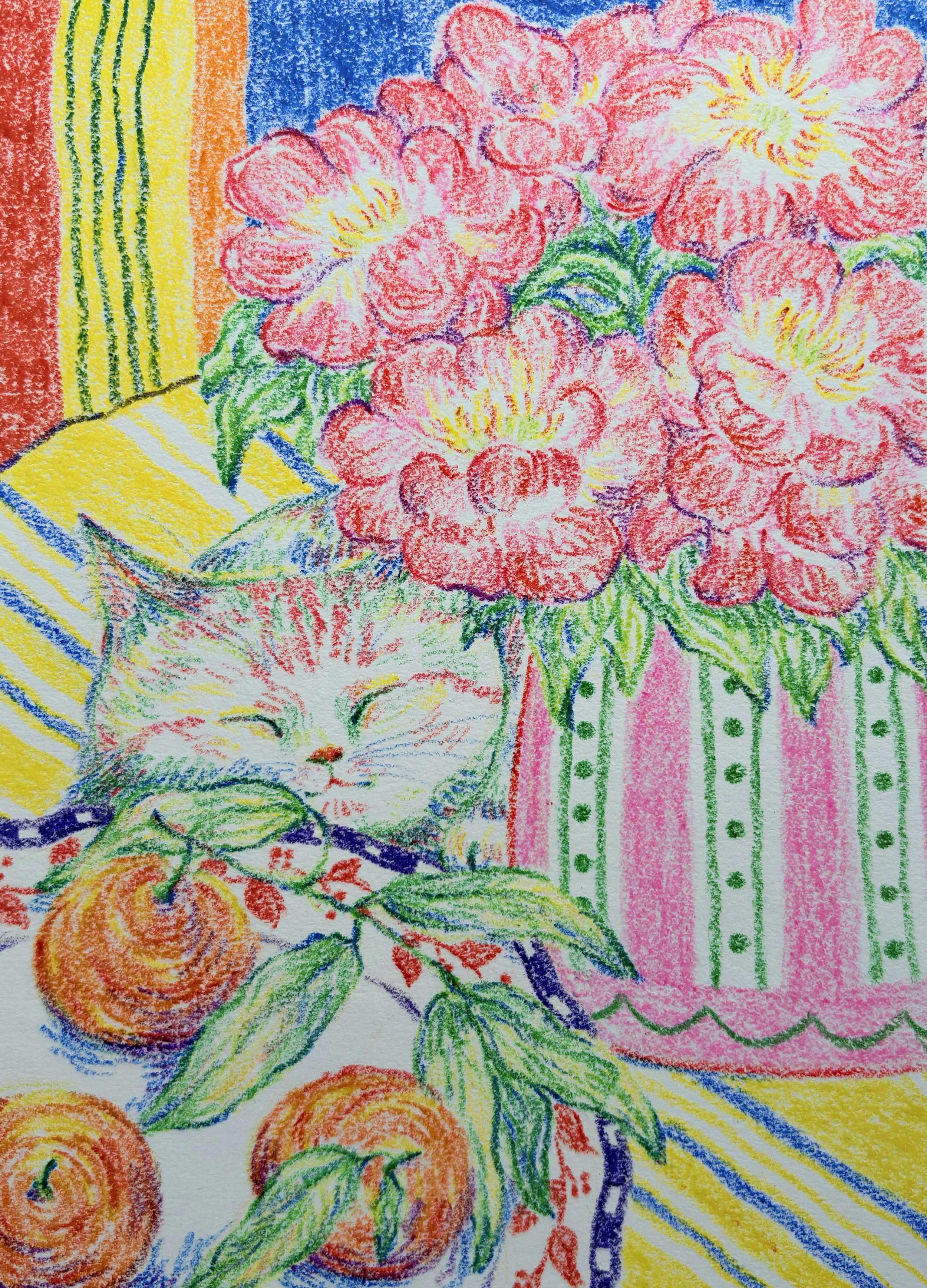 Colored pencil drawing of a vase of pink flowers, a sleeping cat, oranges with leaves, and a striped cloth.