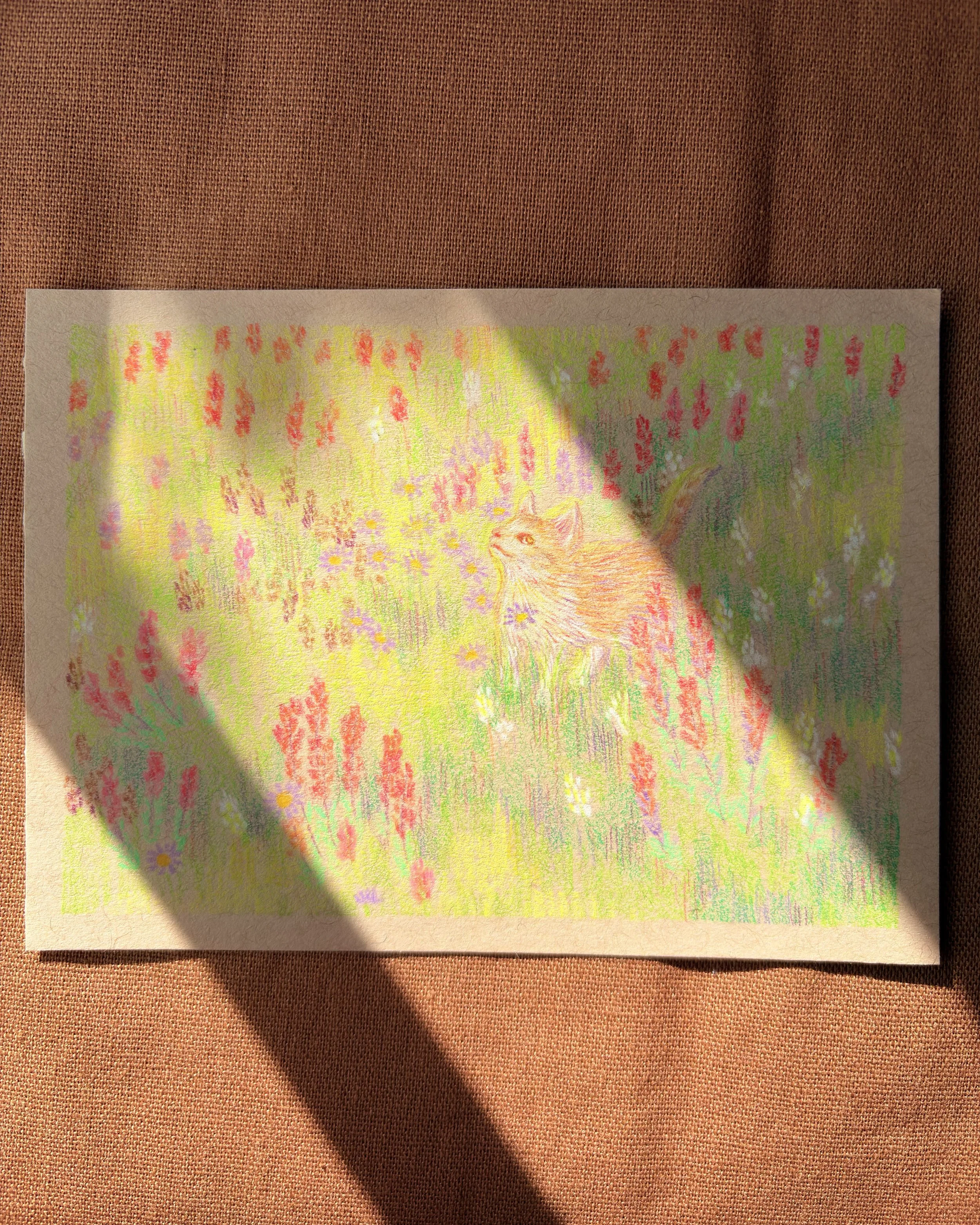 A colorful drawing of a cat standing in a field of flowers, with sunlight and shadows cast across the image.