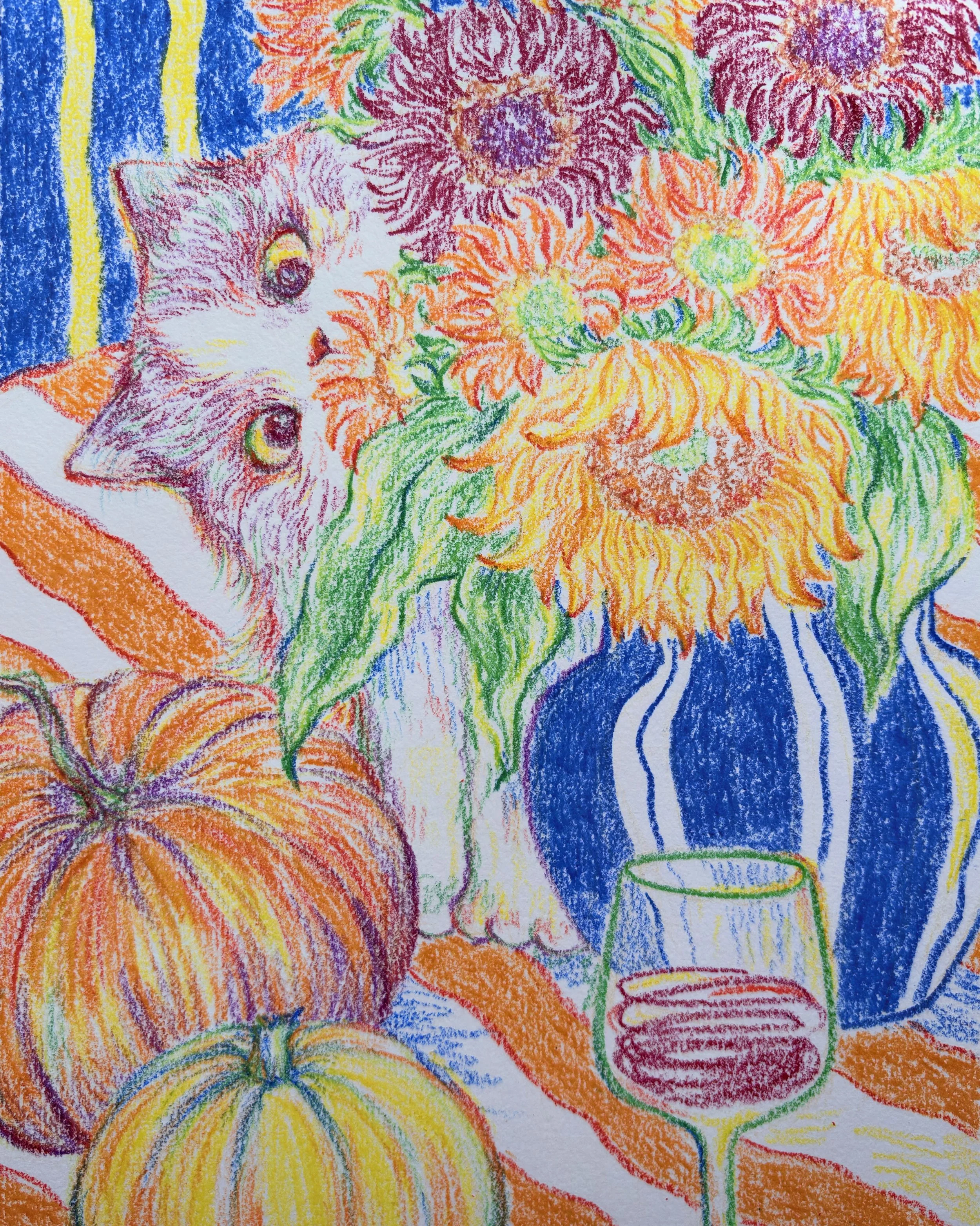 Colorful pastel drawing of a still life with pumpkins, a glass of red wine, a blue and white striped vase filled with flowers, and a cat among the pumpkins.
