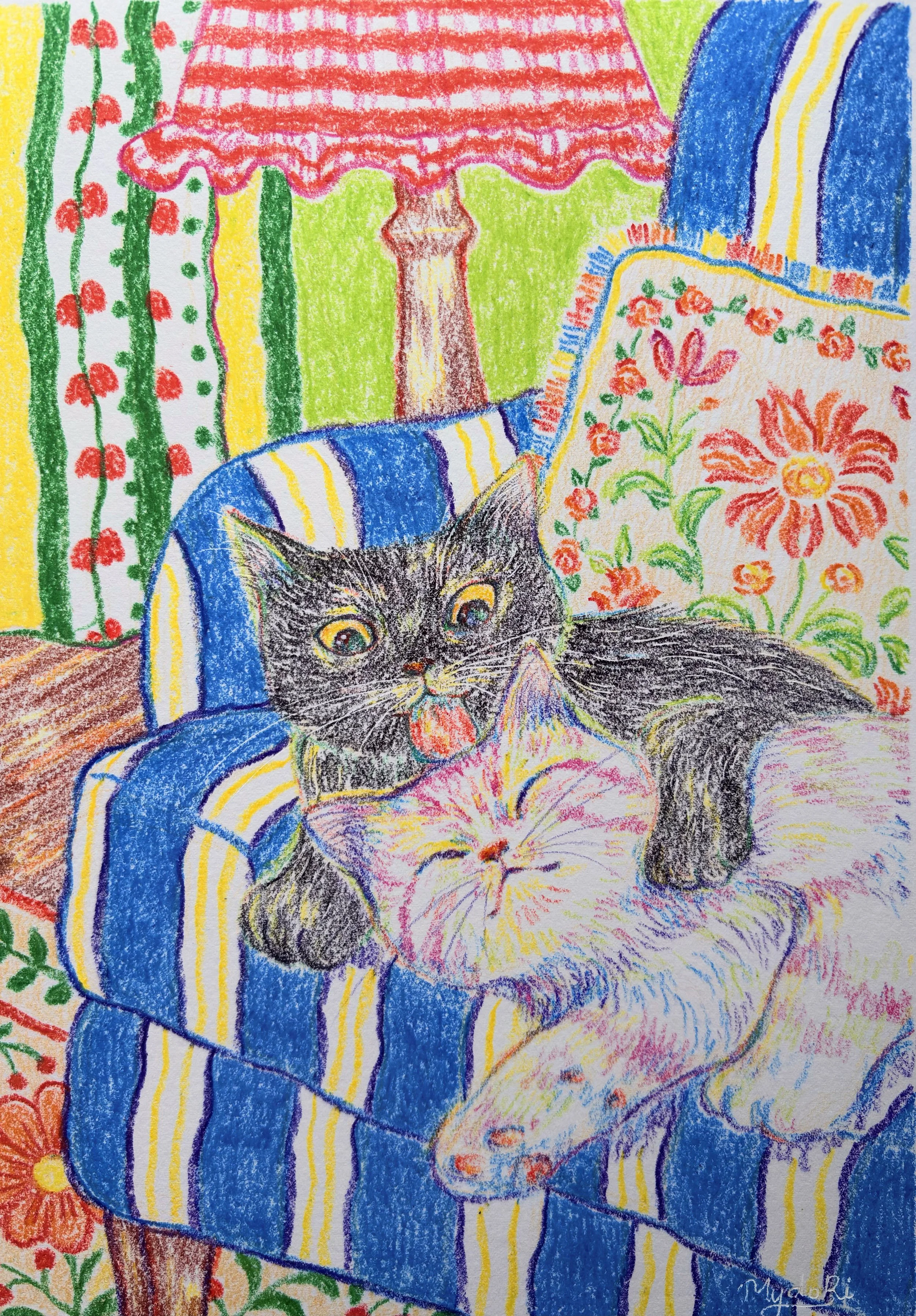 Colorful drawing of two cats cuddling on a striped blue and white armchair in a flowered room with a red-patterned lamp, floral wallpaper, and green plant in the background.