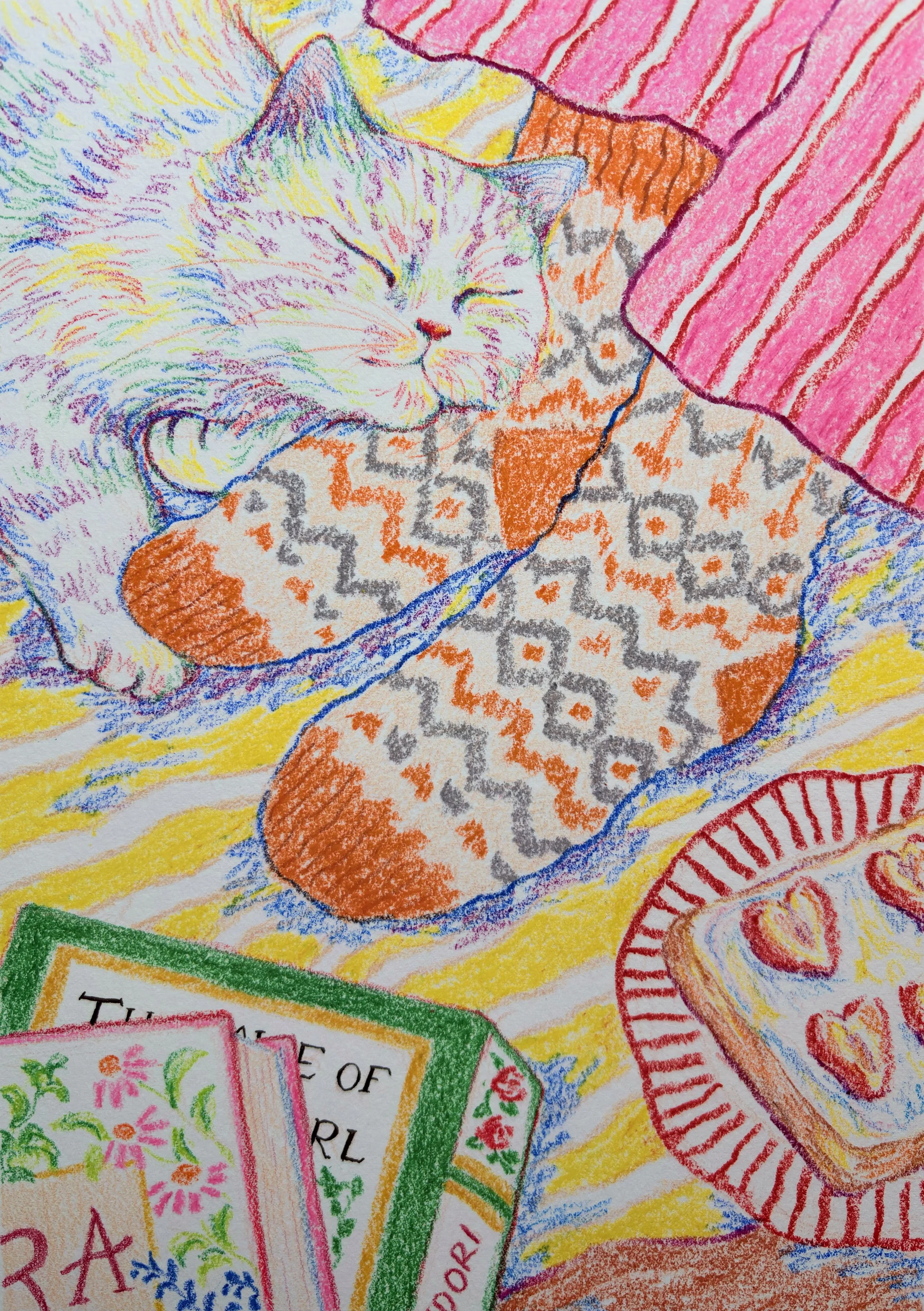 Colorful drawing of a cat sleeping with its head resting on a blanket, surrounded by books and a plate of heart-shaped cookies.