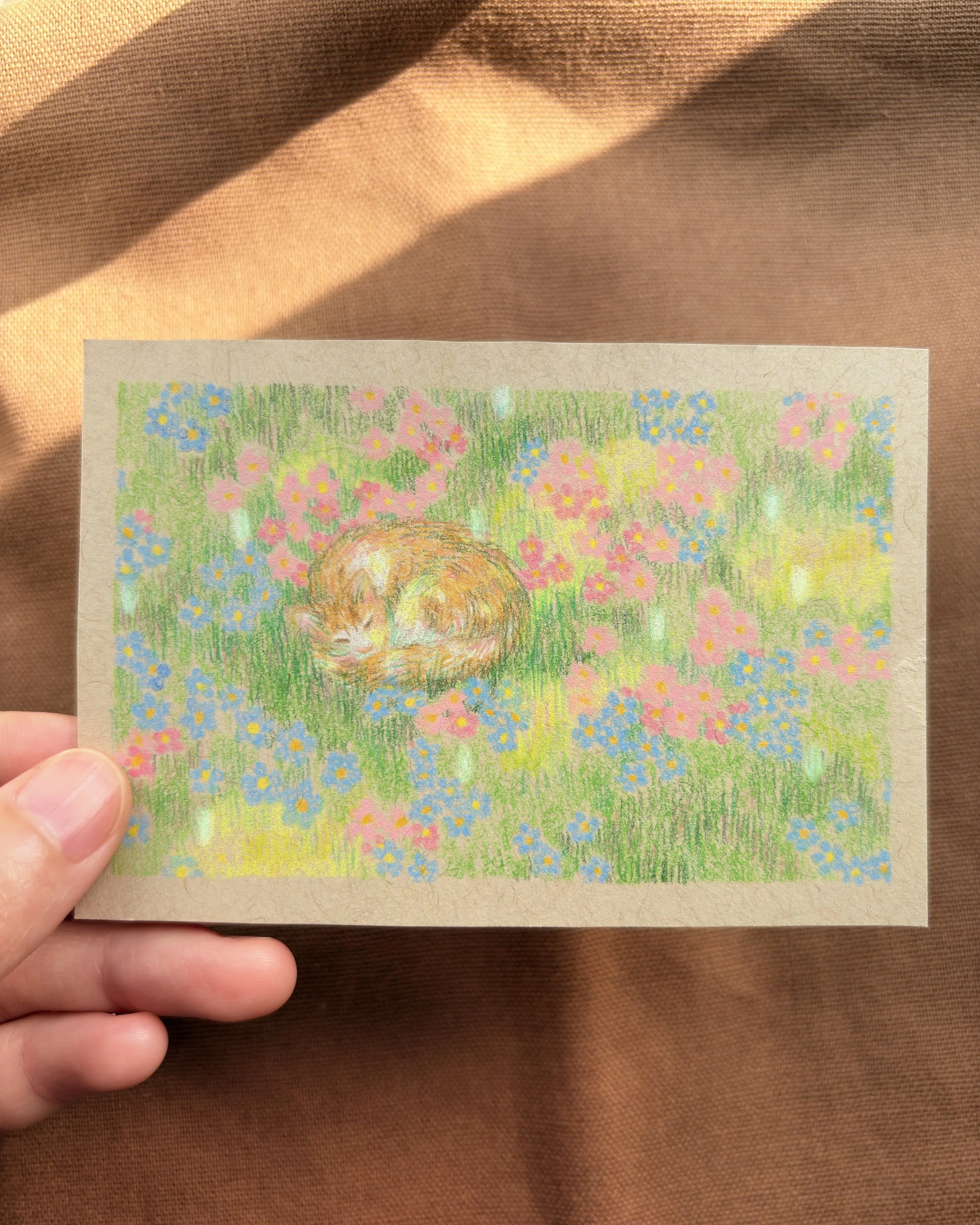Hand holding a small colorful drawing of a sleeping cat surrounded by pink, blue, and yellow flowers on a grassy background.