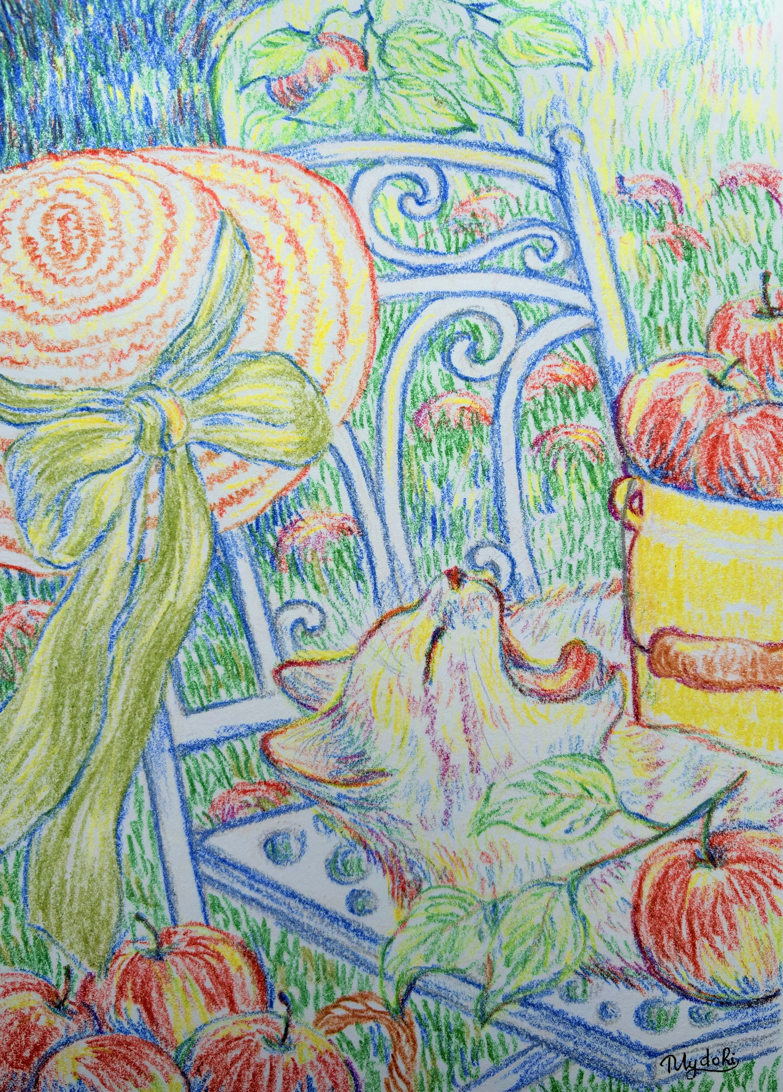 Colorful crayon drawing of a garden scene with a white ornate metal bench filled with pumpkins and surrounded by red apples and green leaves, with a cat sitting on the ground looking up at the pumpkins.