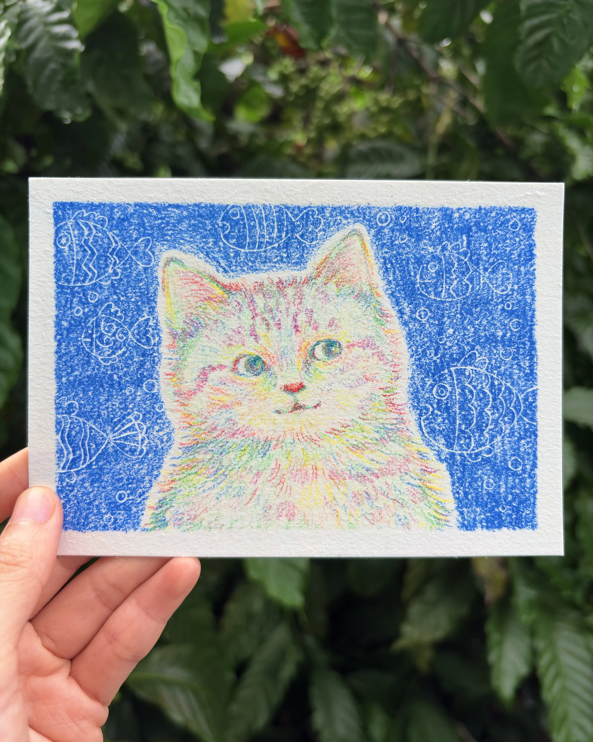 Colorful drawing of a kitten with a blue background decorated with fish and bubble drawings.