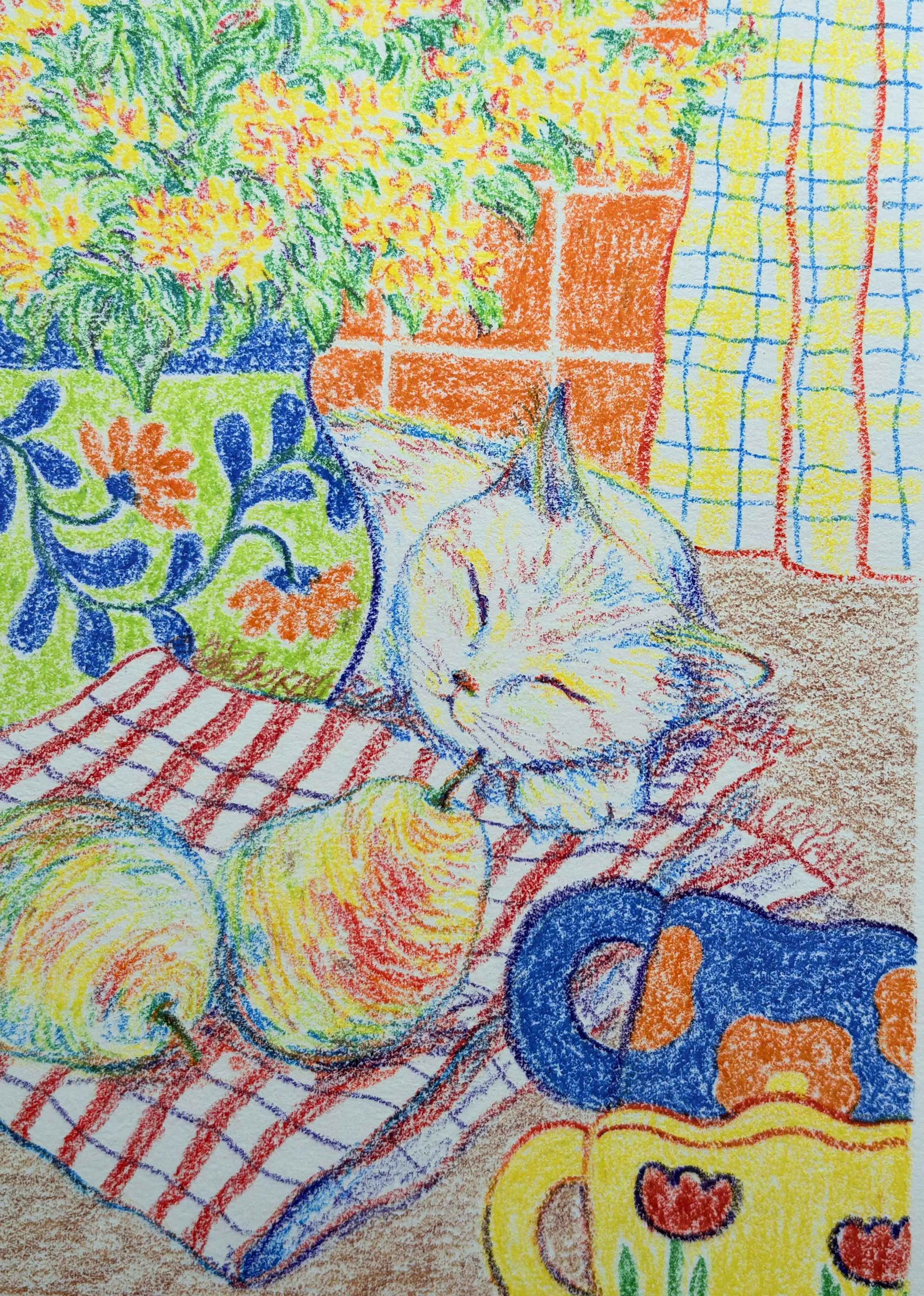 Colorful drawing of a still life scene with a potted plant, a sleeping cat, apples, and decorative cups on a checkered cloth, with a curtain and brick wall in the background.