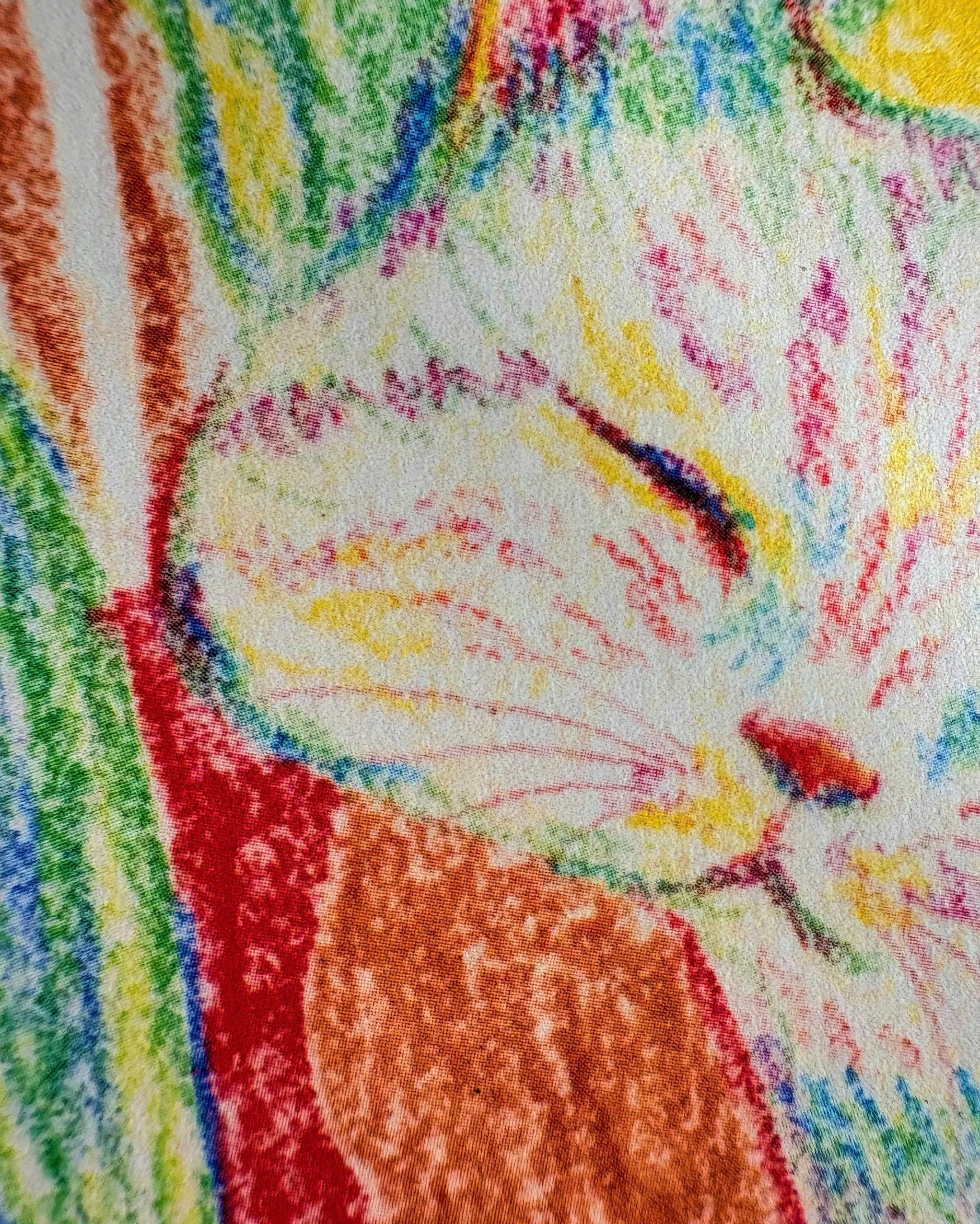 A colorful, abstract drawing of a person's face, formed with a variety of colored dots and strokes, with the eyes, nose, and lips outlines subtly visible.