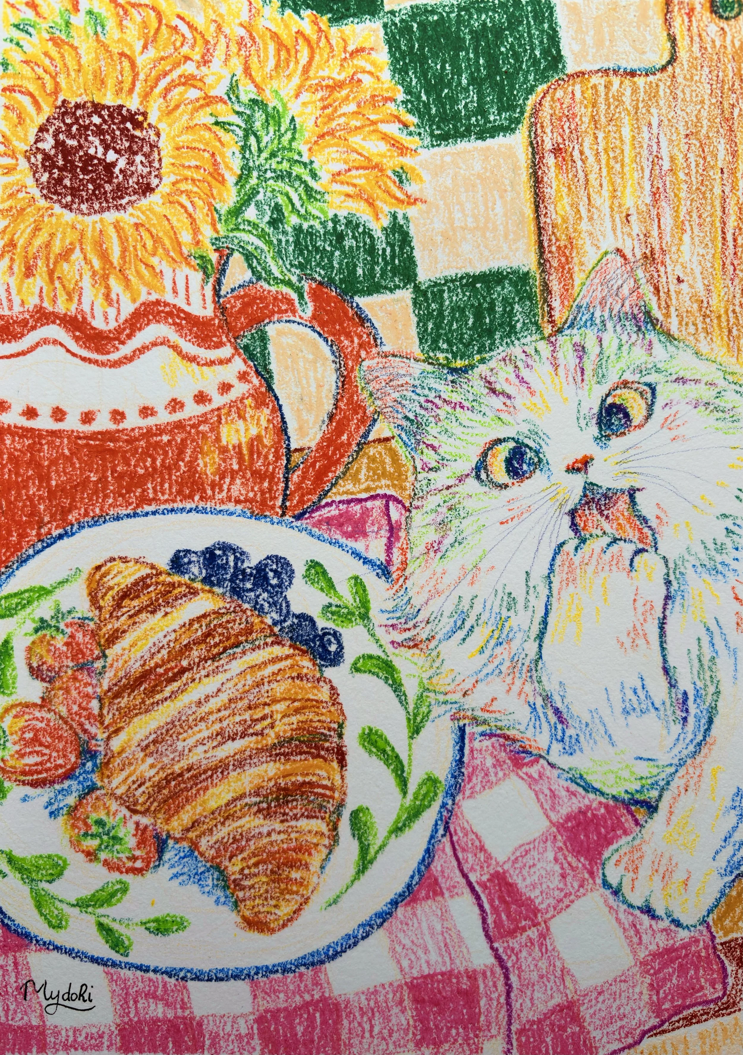 Colorful crayon drawing of a sunflower in a decorative vase, a white cat with multicolored fur, a croissant on a plate with berries, and a checkered tablecloth.
