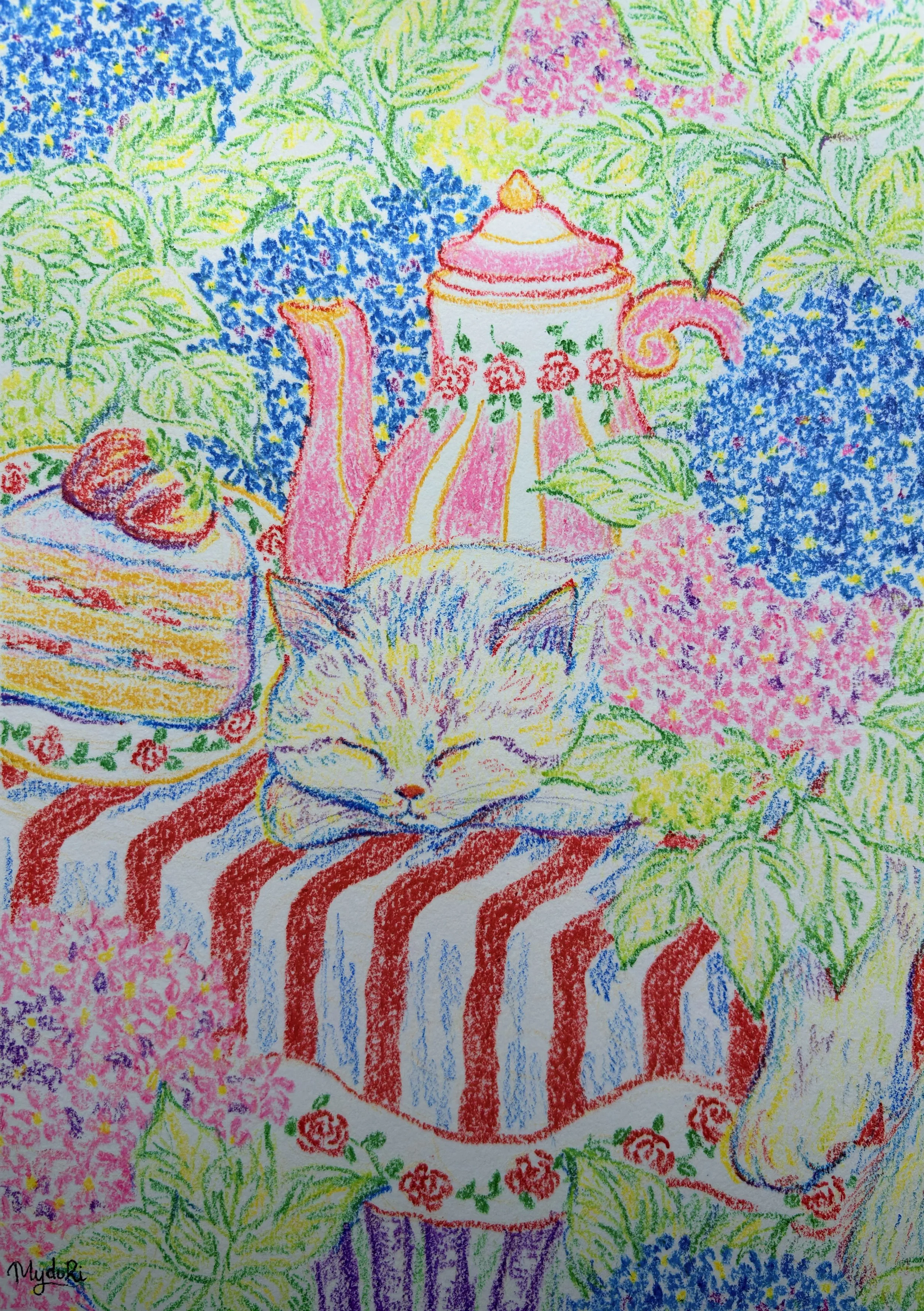 Colorful drawing of a sleeping kitten on a striped cake with strawberry topping, surrounded by a teapot with pink flowers, assorted berries, and lush greenery.