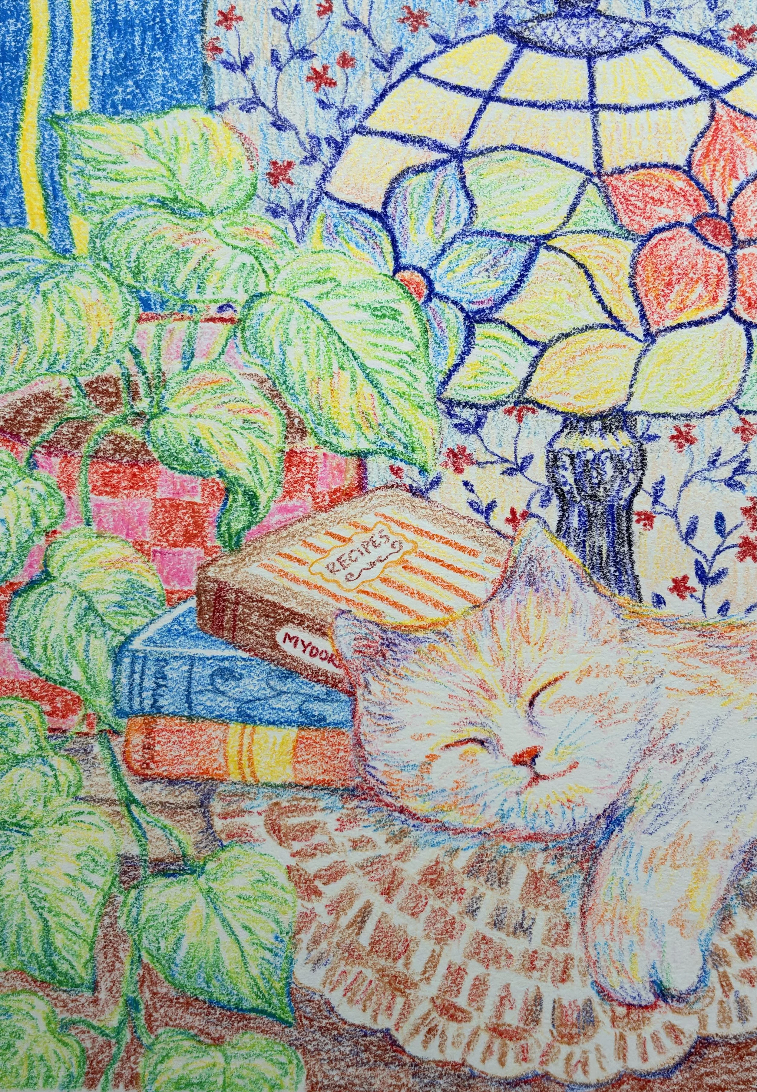 Colorful drawing of a cozy indoor scene with a sleeping kitten on a woven mat, surrounded by green plants, a closed book, a box of soap, and a lamp with a patterned lampshade. The background features patterned wallpaper with floral and star motifs.
