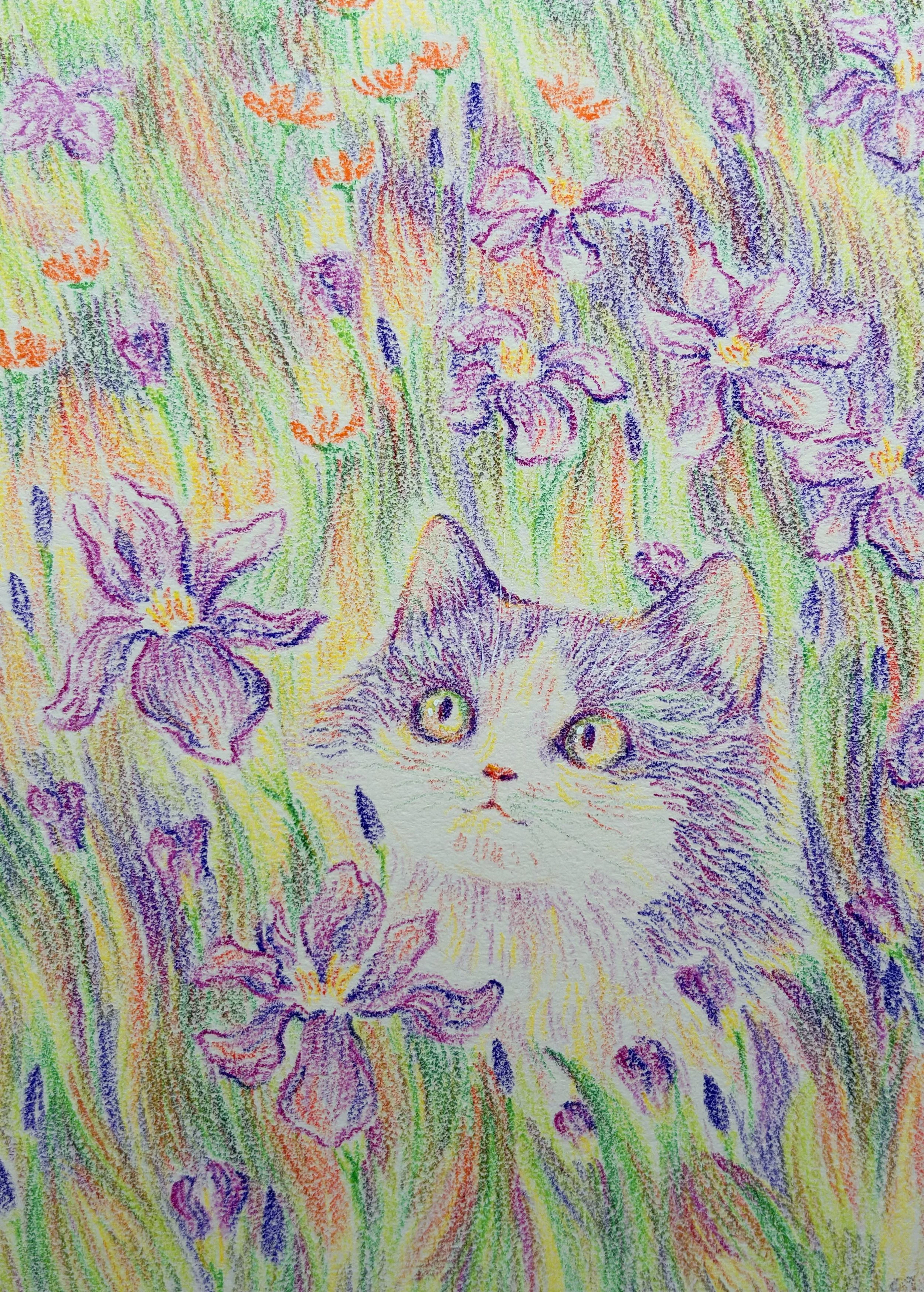 Colorful drawing of a cat's face surrounded by purple, pink, orange, and yellow flowers with green leaves.
