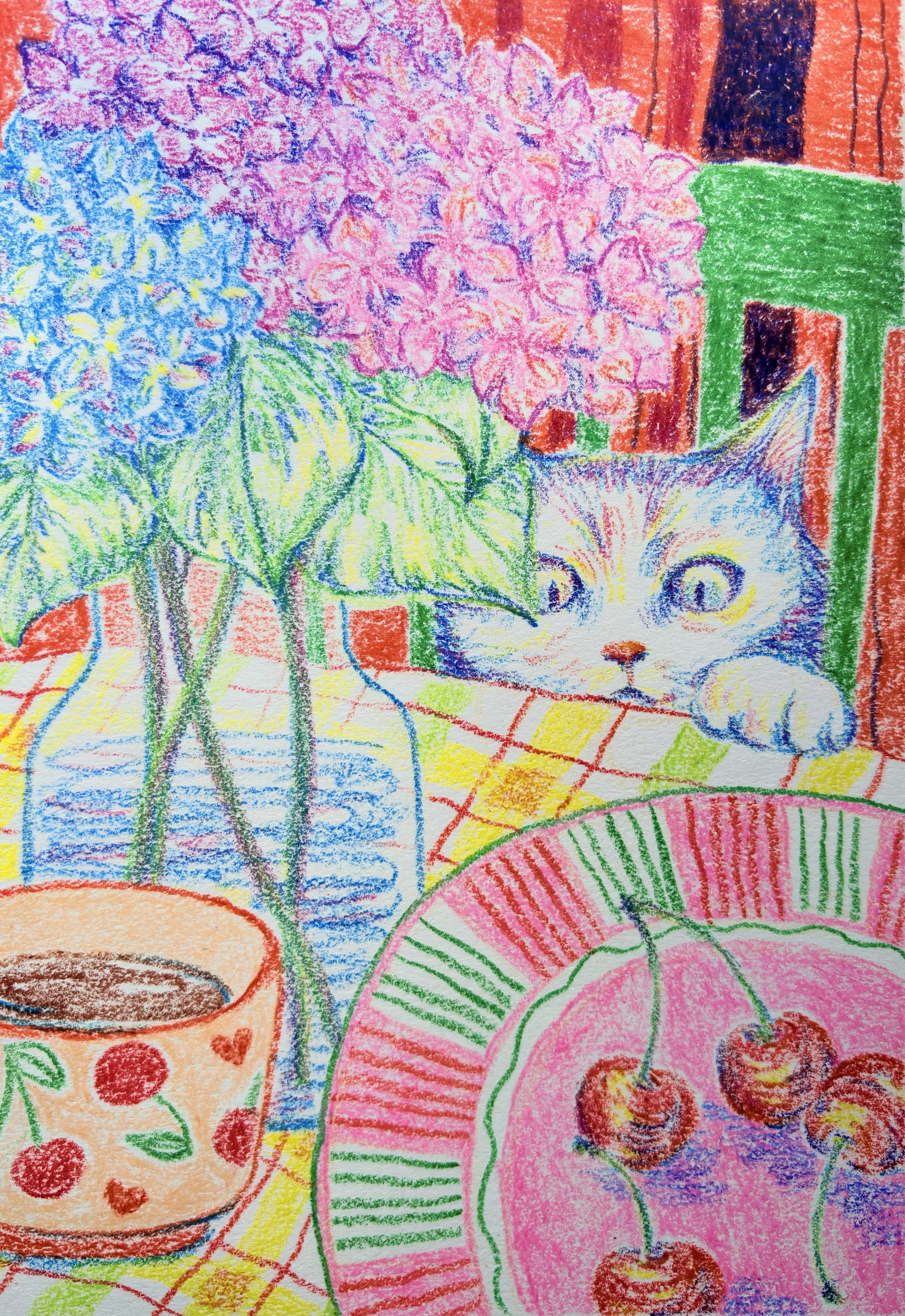 Colorful crayon drawing of a table with a potted plant, a plate of cherries, a cup with a cherry design, and a gray and white cat lying next to pink and purple hydrangea flowers.