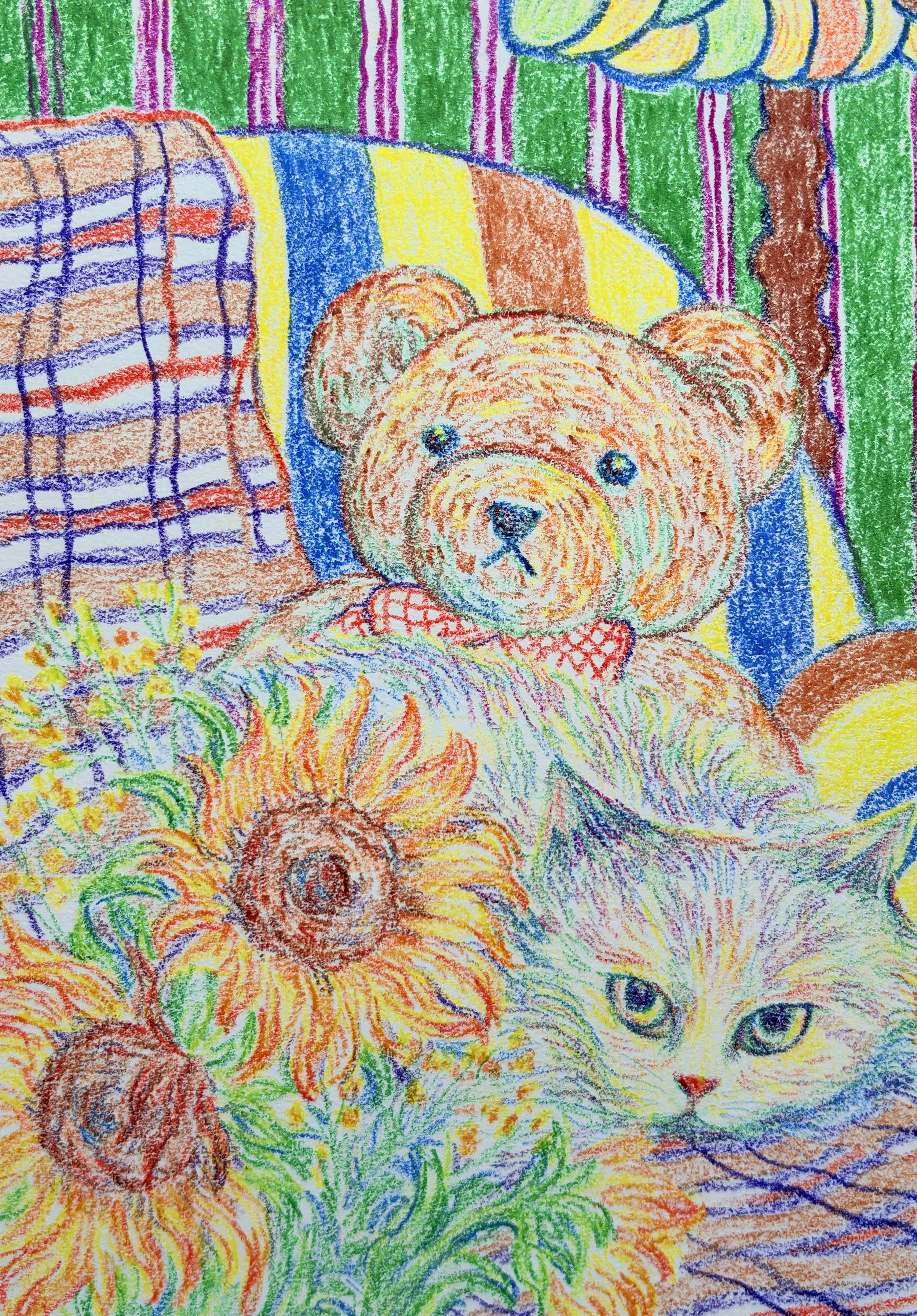 Colorful crayon drawing of a cozy indoor scene with a teddy bear wearing a red scarf, a gray cat, sunflowers, a patterned pillow, and a window with green curtains.