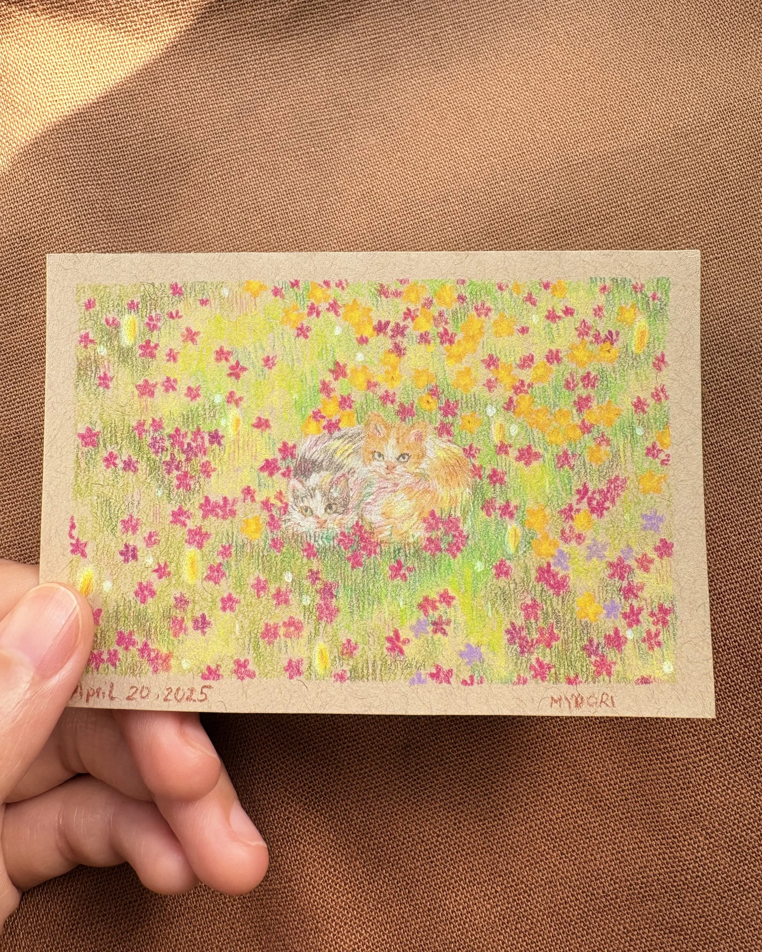 Colorful drawing of two cats lying among pink, yellow, and purple flowers, with some green grass and foliage in the background, dated April 20, 2025, and signed by Miyori.