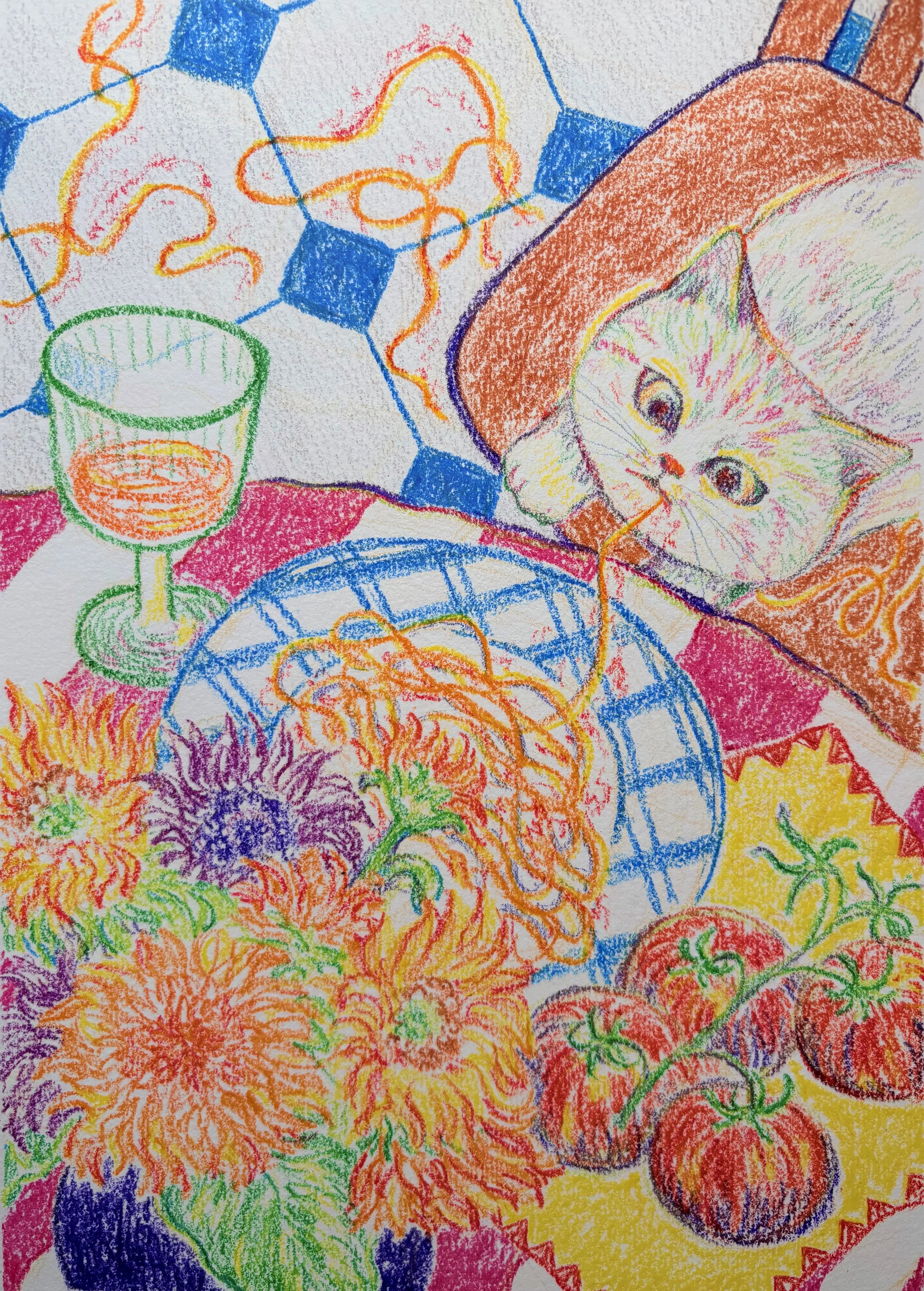 Colorful sketch of a table with a glass of juice, a basket of spaghetti, a cat lying on a blanket, flowers, and tomatoes.