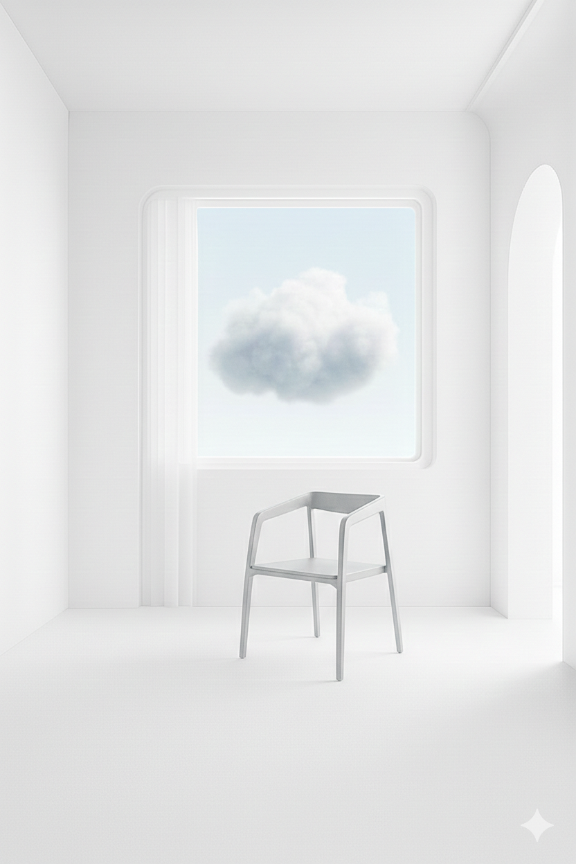 The Dreamer – a white space with a chair to reflect and a window to the clouds, inspiring ideas for powerful, sustainable brands.