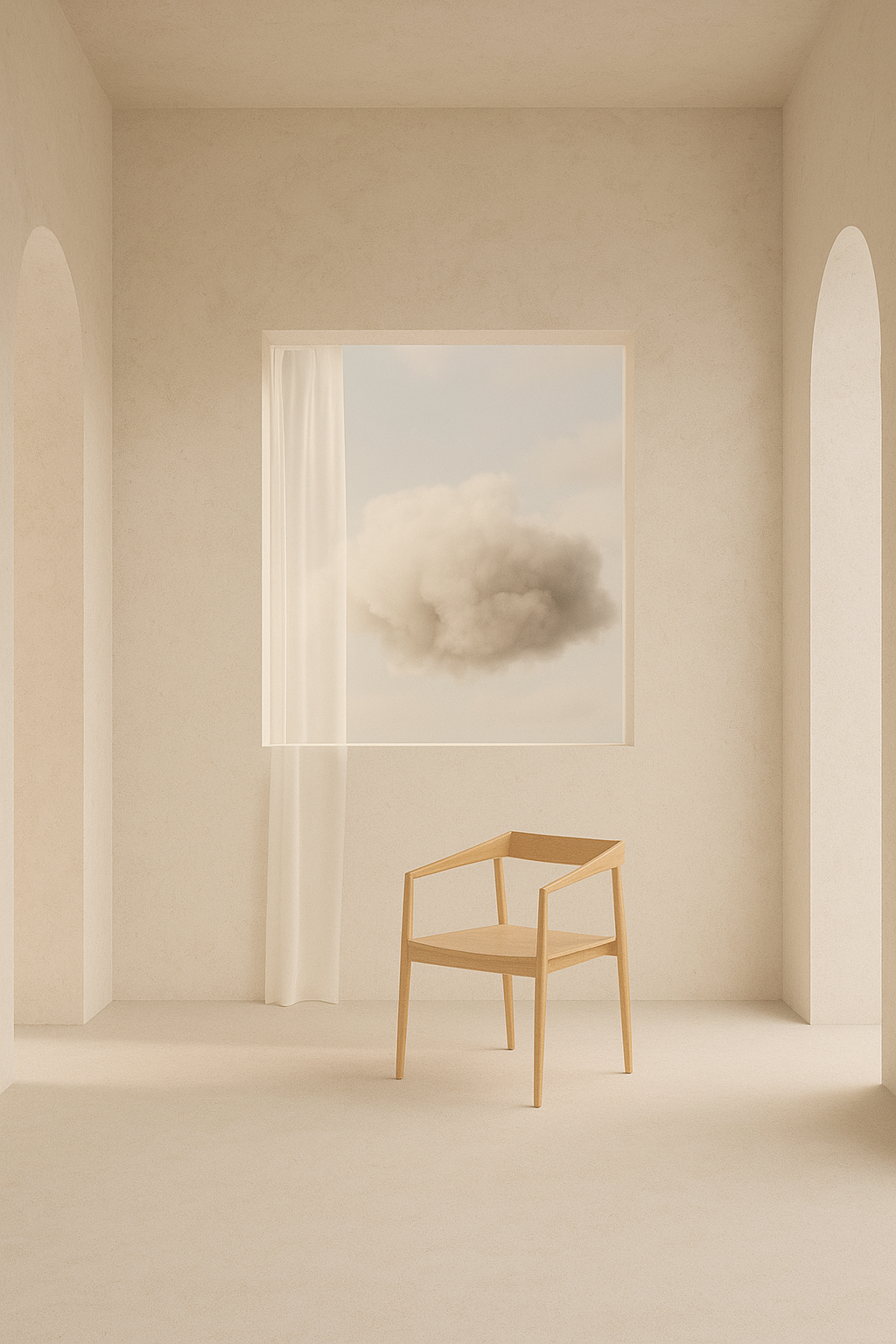 The Dreamer – a white space with a chair to reflect and a window to the clouds, inspiring ideas for powerful, sustainable brands.