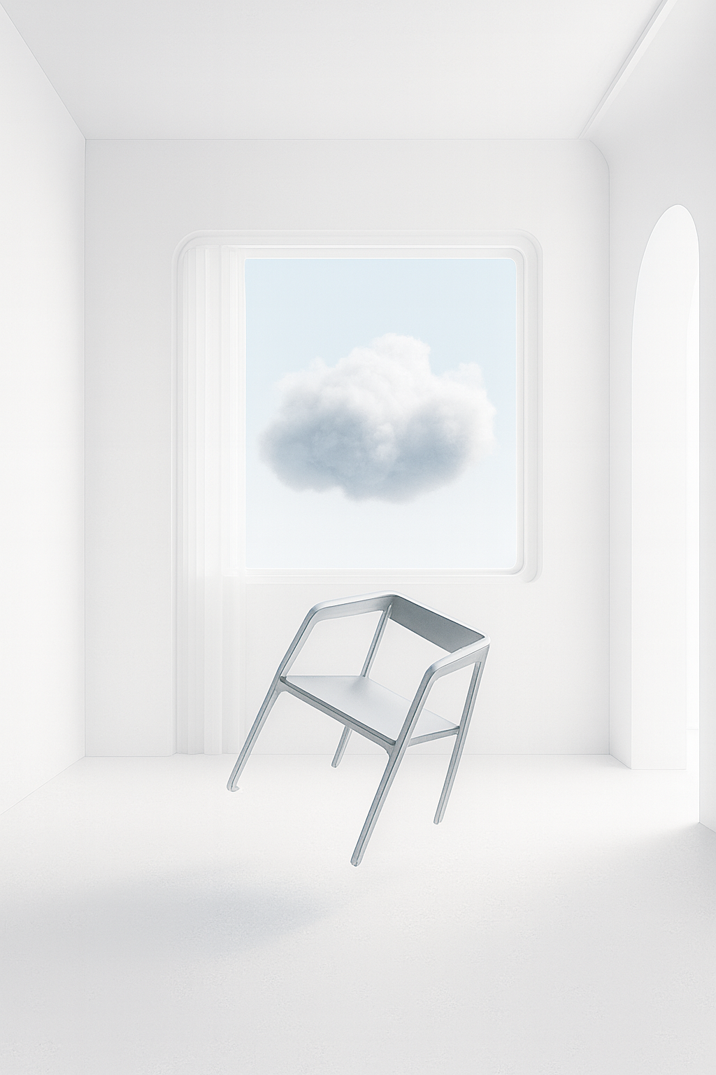 Minimalist chair levitating, representing innovative thinking for sustainability.