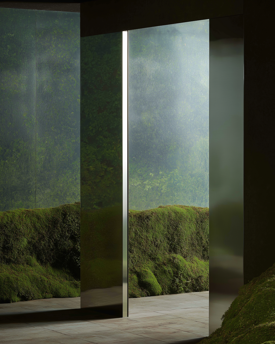 Modern metallic structure blending with nature to express sustainability and solid marketing