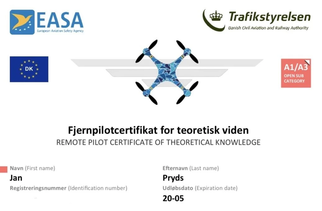 Certificate for remote pilot theoretical knowledge issued by European Aviation Safety Agency and Danish Civil Aviation and Railway Authority, featuring a drone graphic, official logos, and recipient's name Jan Pryds.
