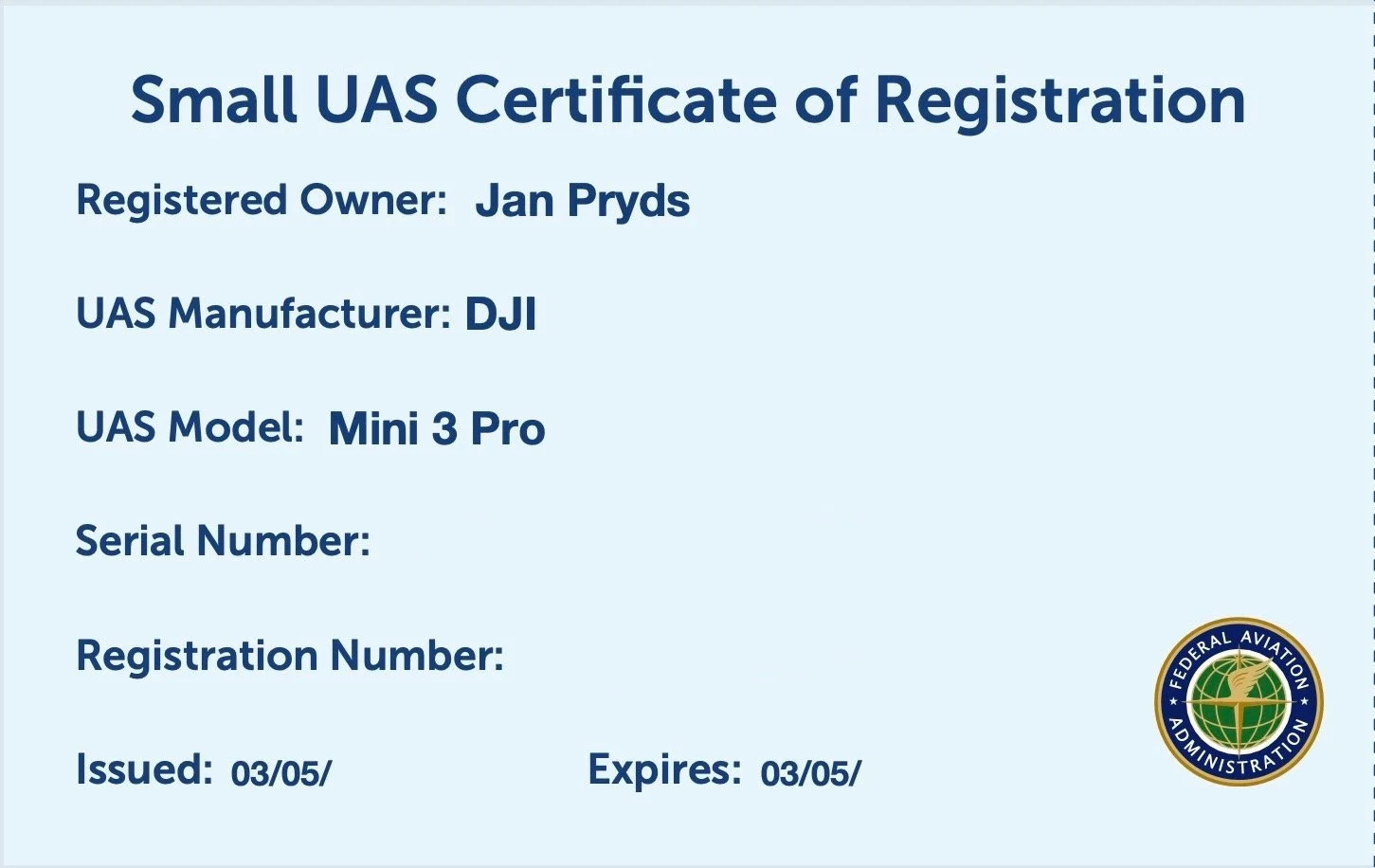 A small United States aeronautics certification of registration card with details including owner, manufacturer, model, and dates, along with the Federal Aviation Administration logo in the lower right corner.