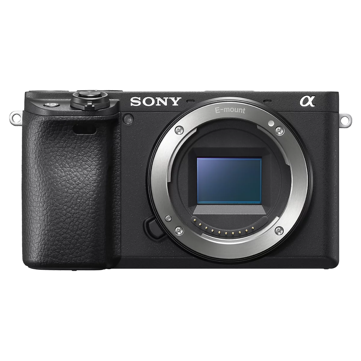 Sony mirrorless camera body with lens mount, black textured grip, and electronic viewfinder