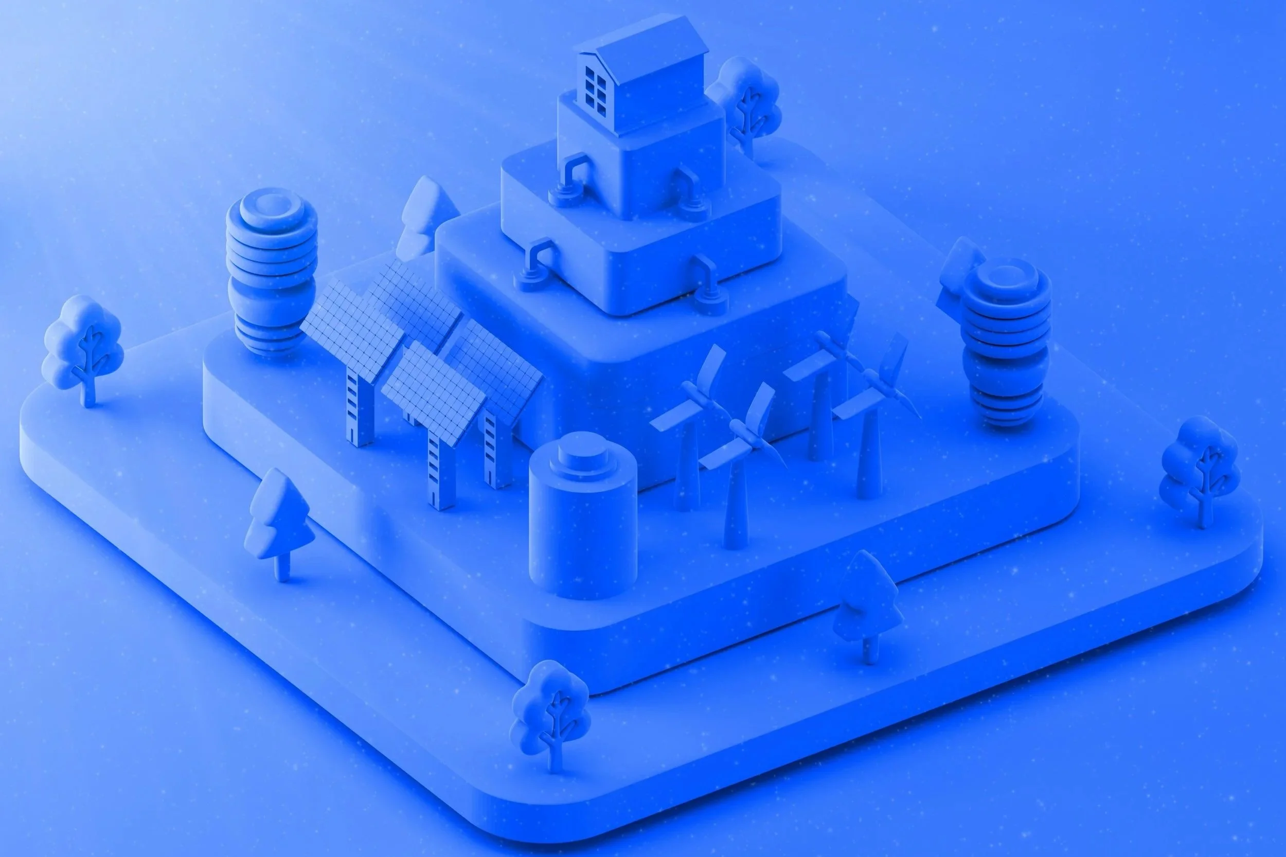 A digital illustration of a sustainable energy farm with solar panels, wind turbines, and a small house, surrounded by trees on a starry blue background.