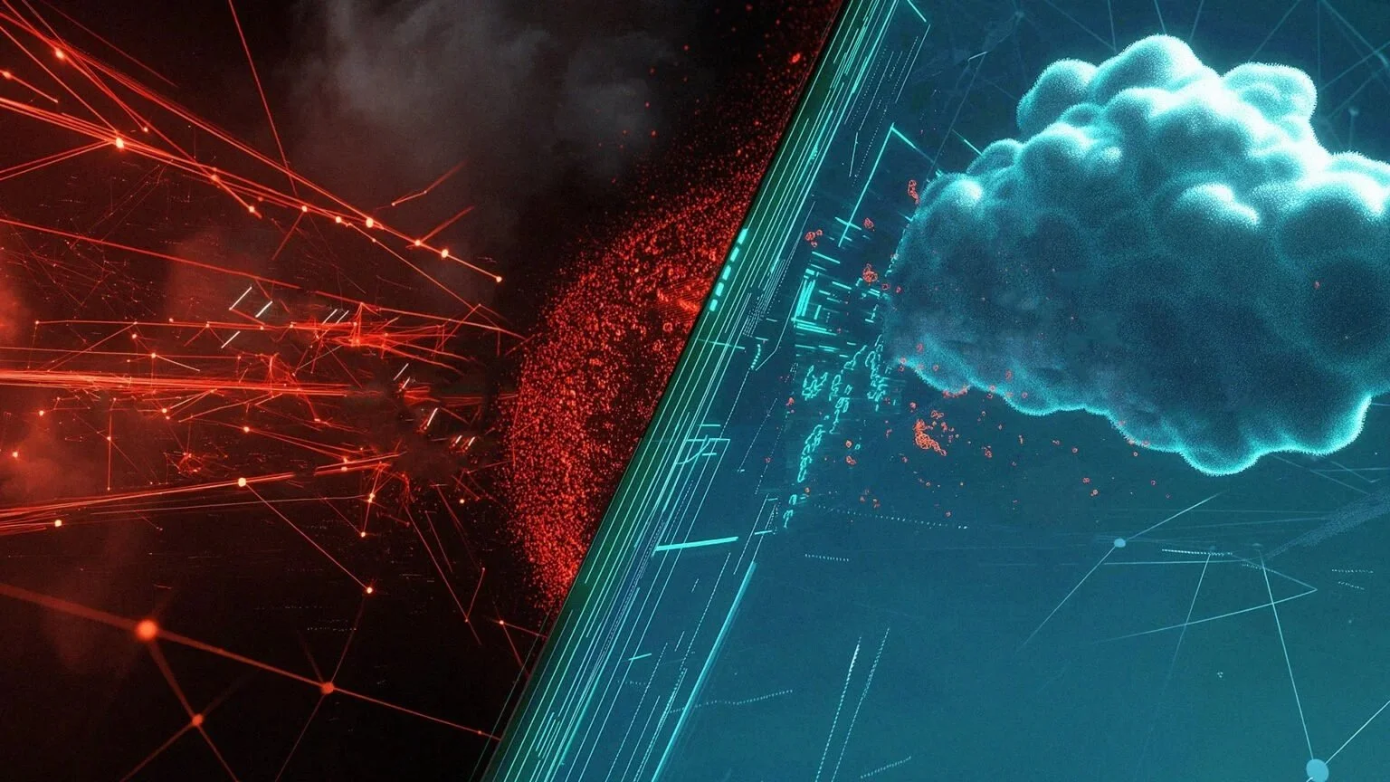 A split-screen digital illustration showing two virtual worlds: on the left, a dark environment with red interconnected lines and glowing nodes, and on the right, a digital cloud with blue and green lines and particles.