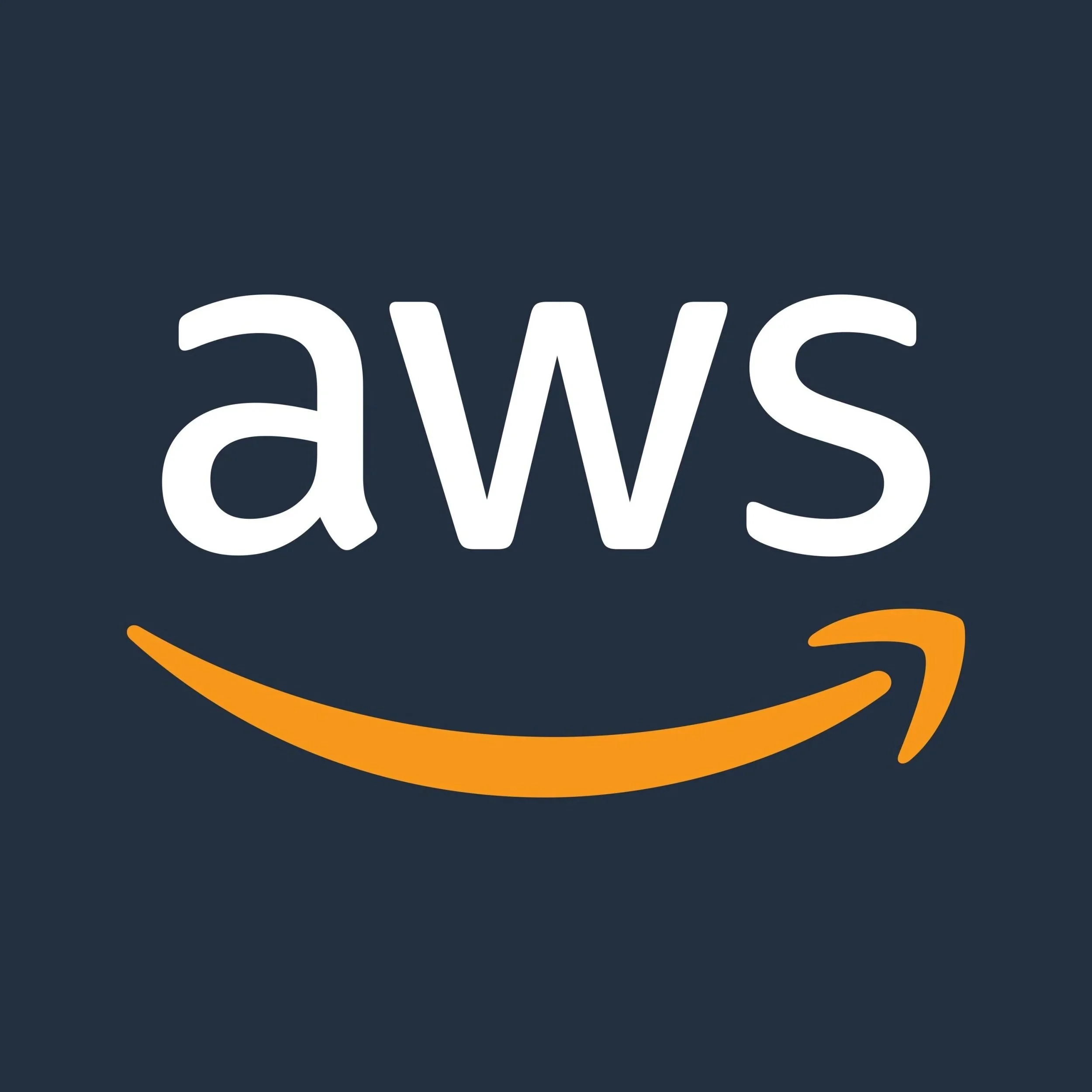 Amazon Web Services (AWS) logo with dark background, white lowercase letters and an orange curved arrow beneath.